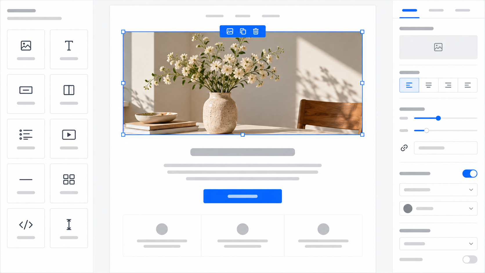 Visual email editor with a selected hero image and style controls